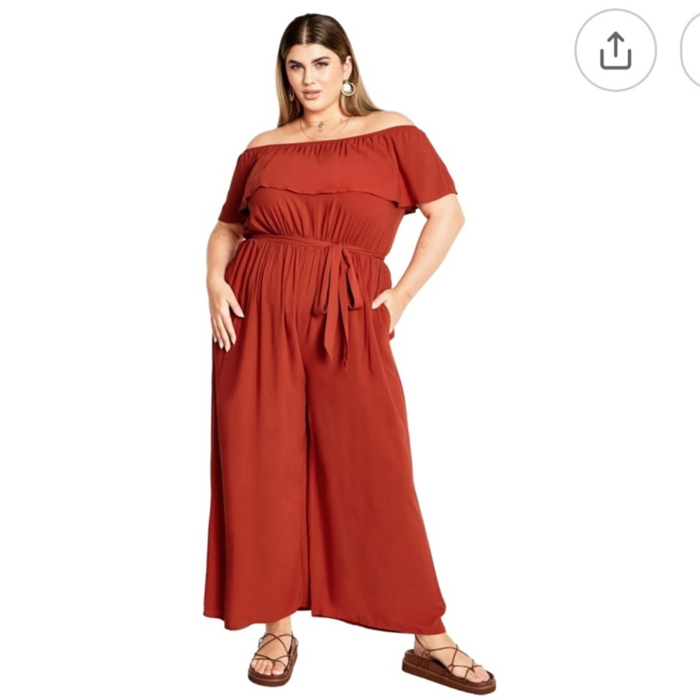 City Chic Off-Shoulder Jumpsuit - Rust